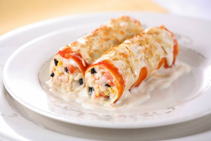 Canelones de rape y langostinos