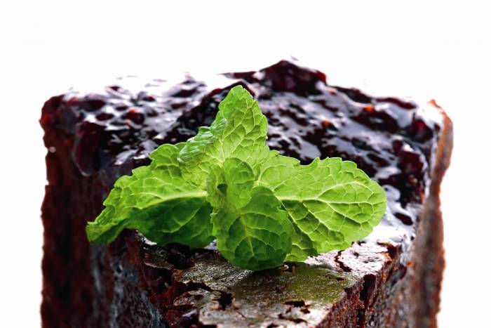 Pastel tibio de chocolate con almíbar de frambuesa