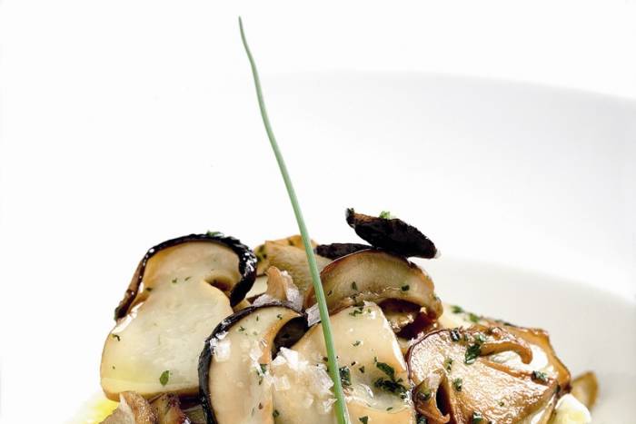 Puré de patata con huevo frito y boletus edulis