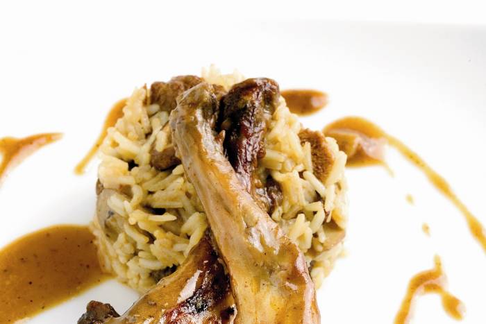 Conejo rustido con arroz basmati y setas