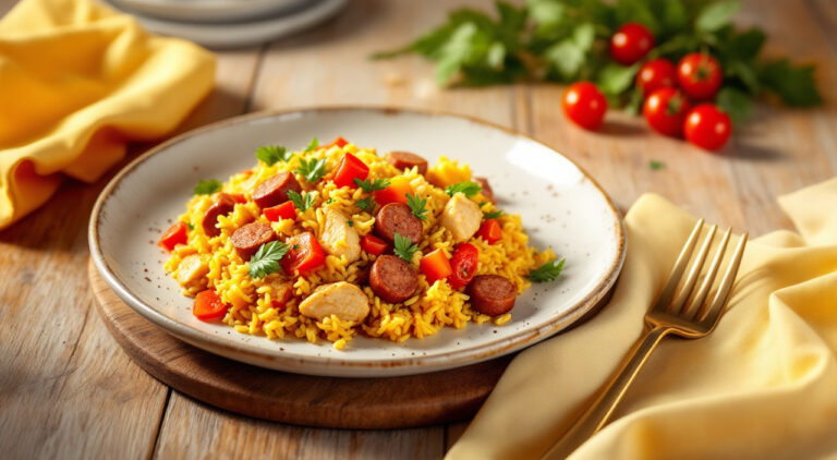 Arroz con pechuga y salchichas