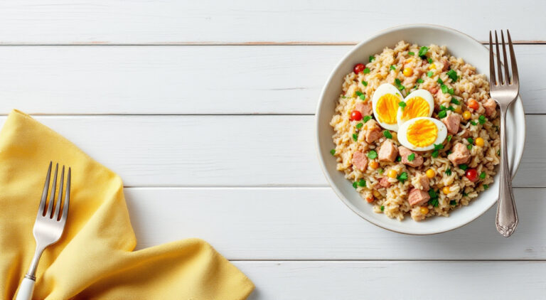 Arroz frío con atún y huevo