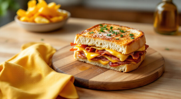 Bocadillo caliente de jamón york, bacon y queso