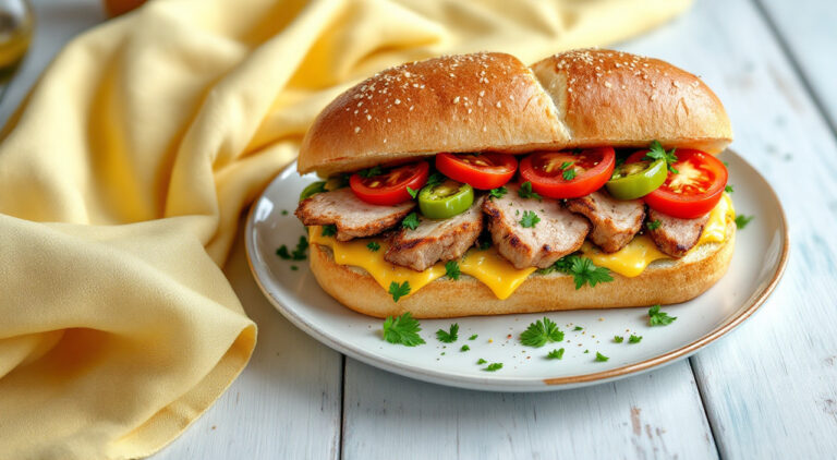 Bocadillo de chapata con lomo,queso y pimientos verdes