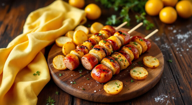 Brochetas de salchichas con salsa barbacoa