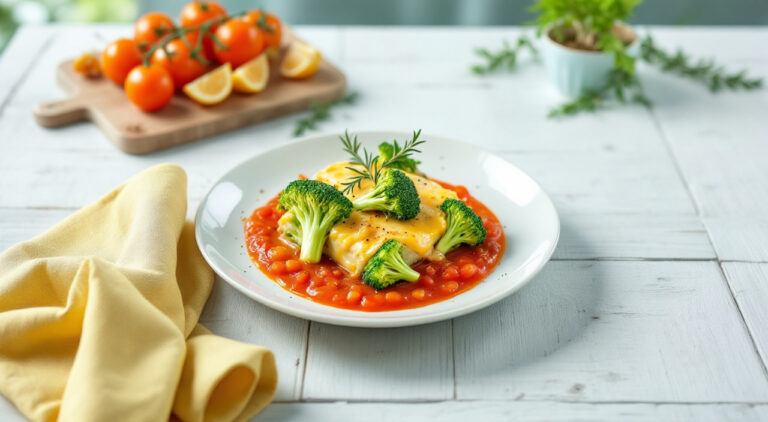 Brocoli gratinado con bechamel de queso sobre coulis de tomates maduros