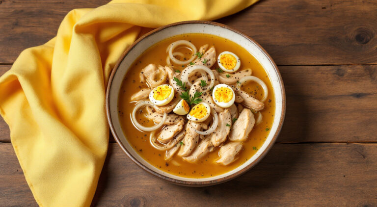 Caldo de pollo con cebolla y huevos
