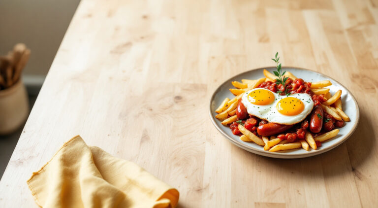 Chorizos a la sidra en el microondas con patatas fritas huevos y tomate