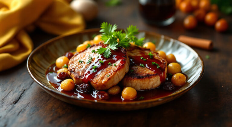 Chuletas de cerdo con salsa de ciruelas pasas
