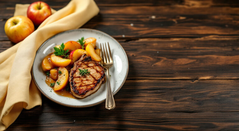 Chuletas de lomo de sajonia con manzanas estofadas