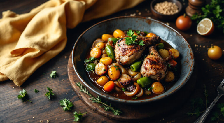 Conejo guisado con hierbas aromáticas y patatitas