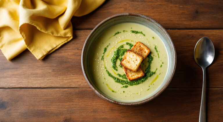 Crema de ajos tiernos con picatostes de salsa pesto