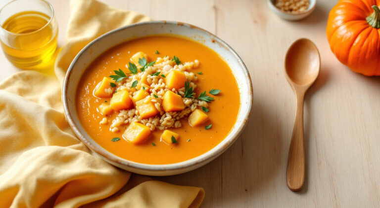 Crema de calabaza con arroz para rosa