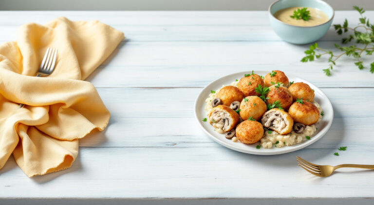 Croquetas de pollo con crema de champiñones