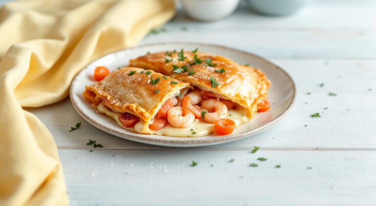 Empanada de salmón, gambitas y queso