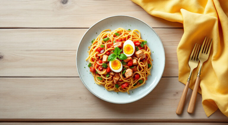 Espaguetis con atún y huevo
