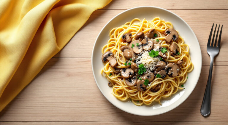 Espaguetis con crema de champiñones