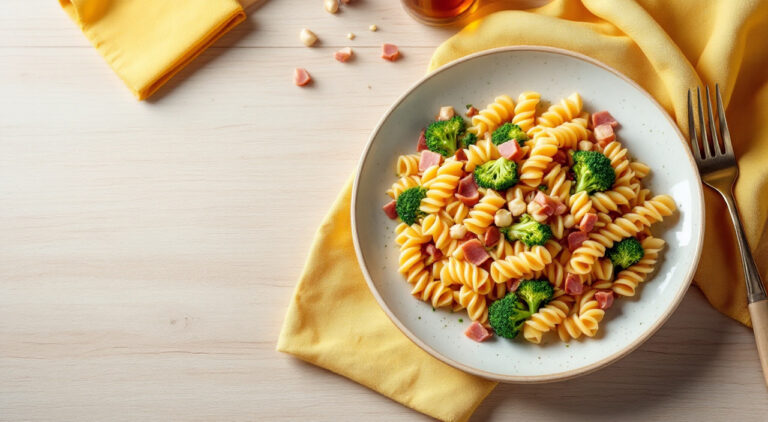 Espirales con brócoli y jamón