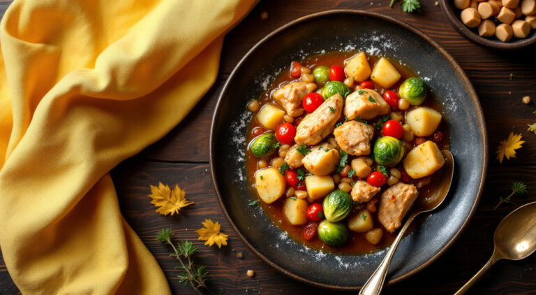 Estofado de pollo con coles de bruselas