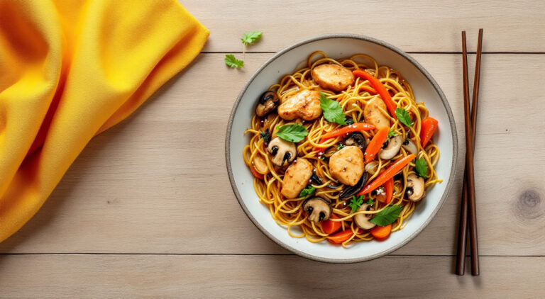 Fideos chinos con setas y pollo