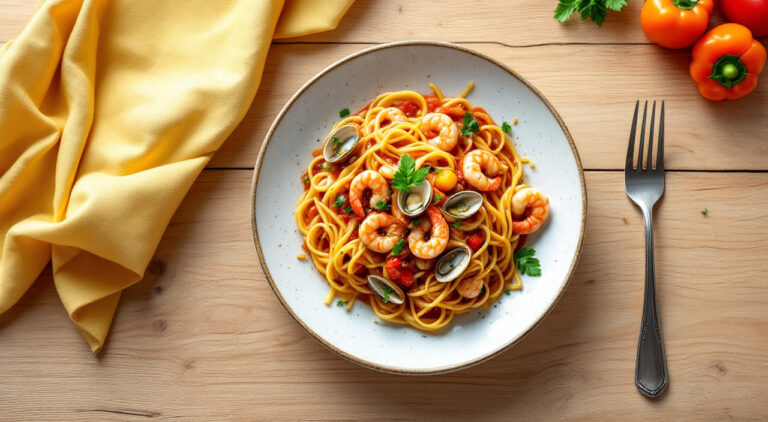 Fideos con almejas y gambas