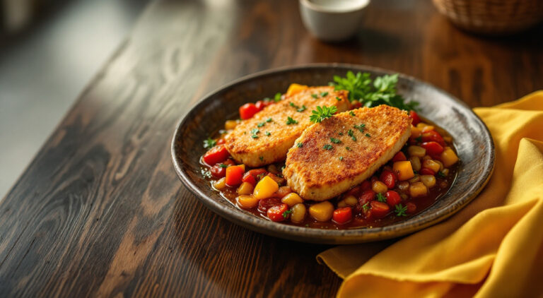 Filetes de lomo empanados en salsa de sofrito