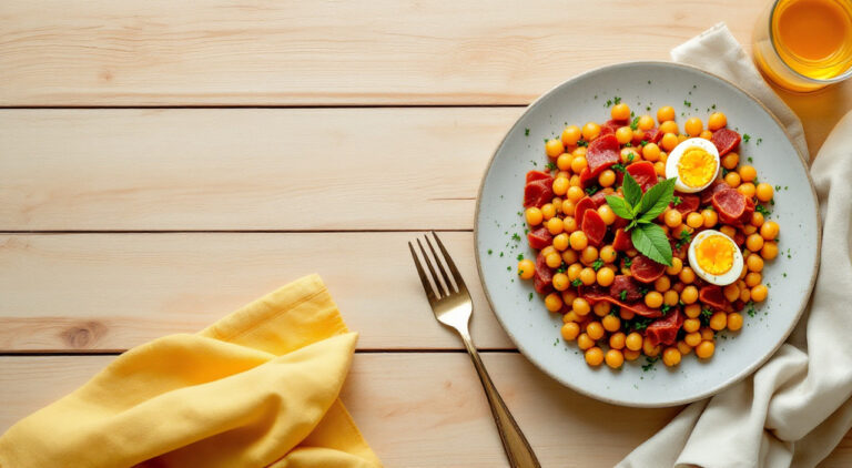 Garbanzos fritos con jamón y chorizo