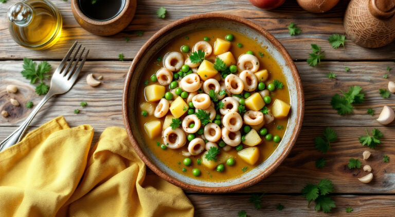 Guiso de calamares con guisantes