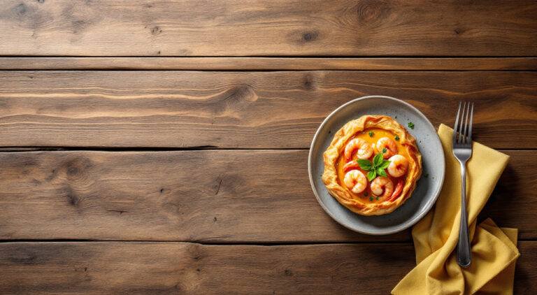 Hojaldre de gambas y crema de calabaza