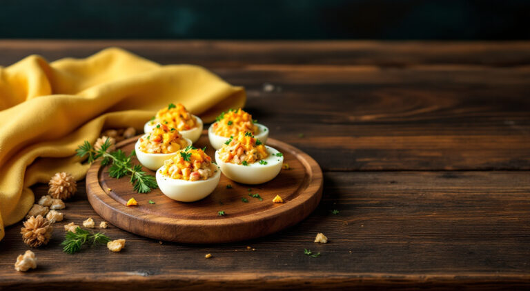 Huevos rellenos de atún y palitos de cangrejo