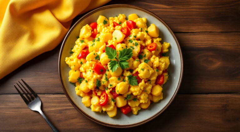 Huevos revueltos con patata y pimientos