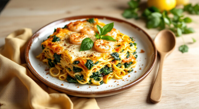 Lasaña de espinacas y gambas