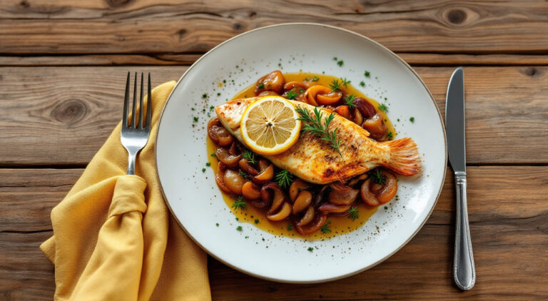 Lubina al horno con sofrito de cebolla