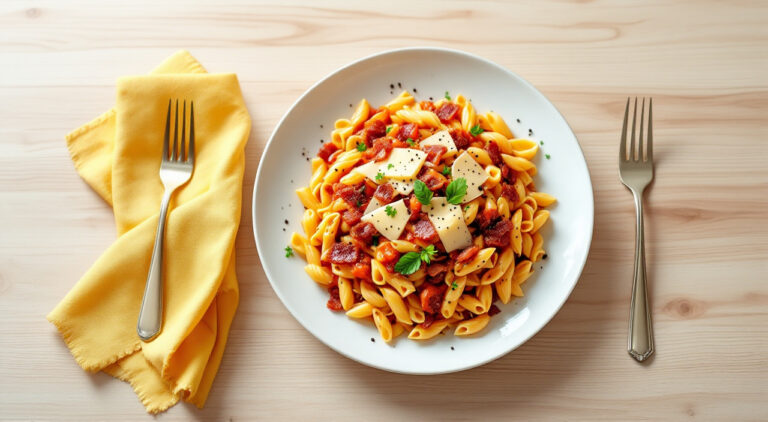Macarrones con sofrito de tomate y cebolla con queso manchego
