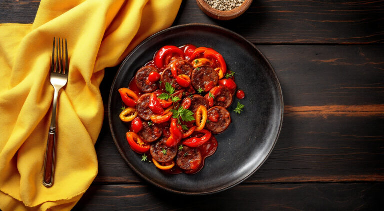 Morcilla con tomate pimientos