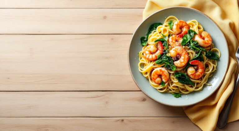 Pasta con gambas y espinacas