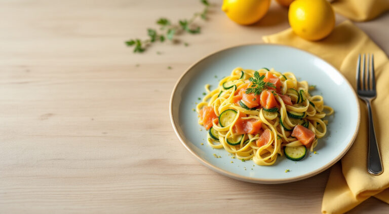 Pasta con salmón ahumado y calabacín
