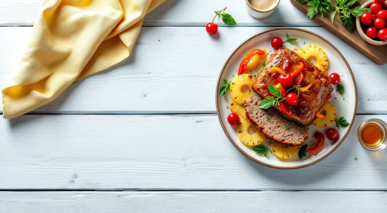 Pastel de carne con piña y cerezas