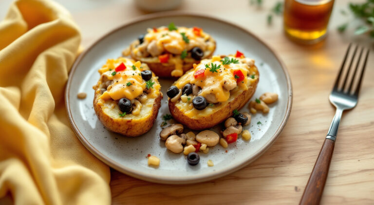 Patatas rellenas de pollo y champiñones