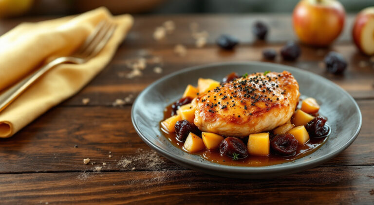 Pechuga de pollo con salsa de ciruelas pasas y manzana