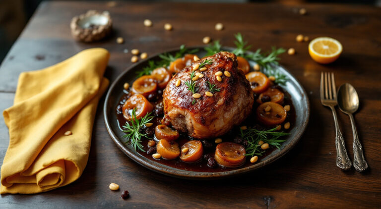 Pierna de cordero con oporto, piñones y pasas