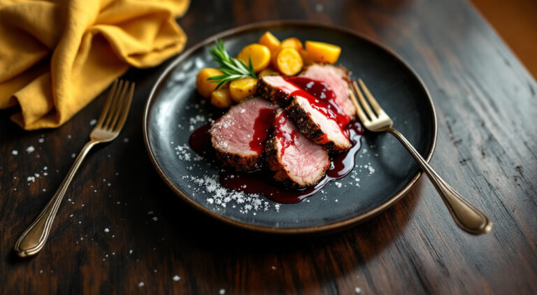 Pluma ibérica con patatas al romero y salsa de frutos rojos y vino