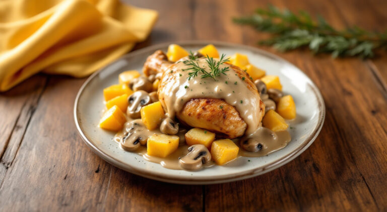 Pollo al horno con salsa de champiñones