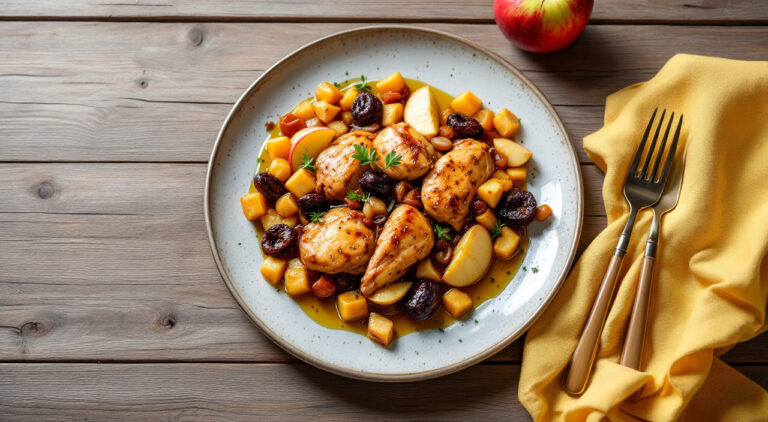 Pollo con manzana y ciruelas