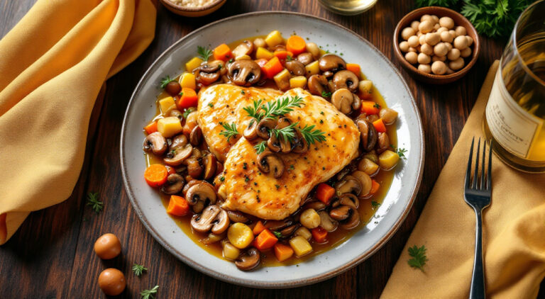 Pollo con salsa de verduras y champiñones