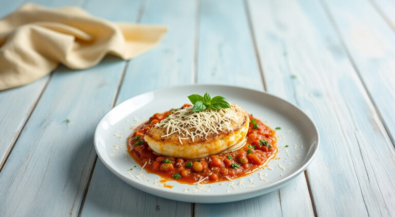 Pollo relleno de parmesano en salsa de tomate