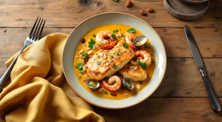 Rape con piñones, almejas y gambas