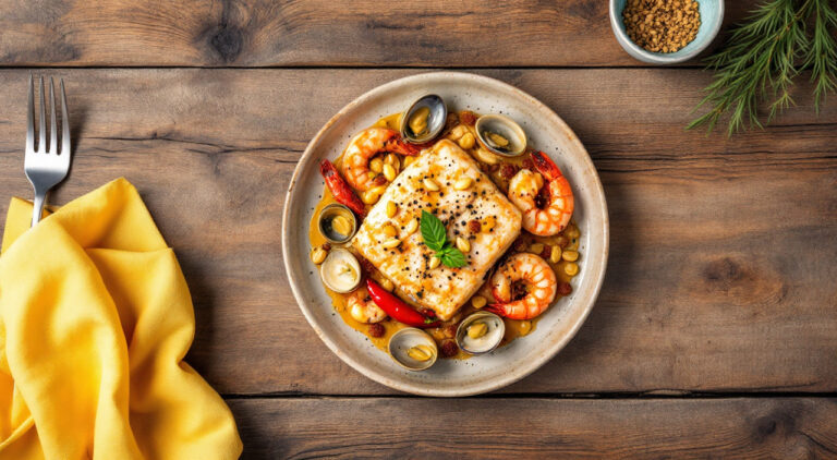 Rape en salsa con almejas y langostinos