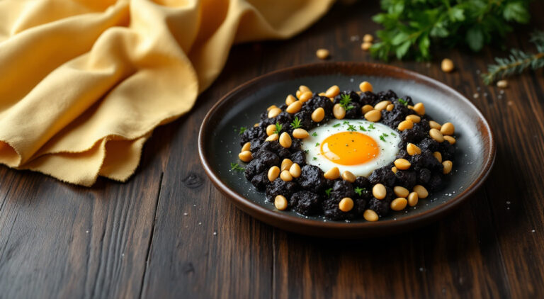 Revuelto de morcilla con piñones