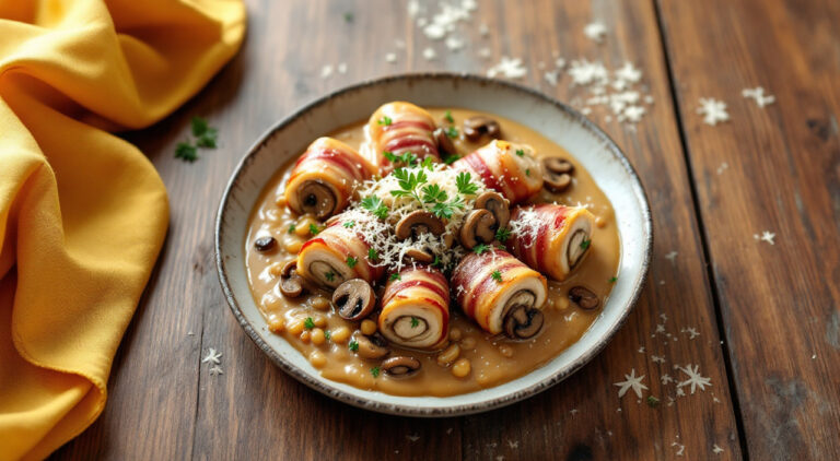 Rollitos de pechuga de pollo y bacon con salsa de champiñones al horno